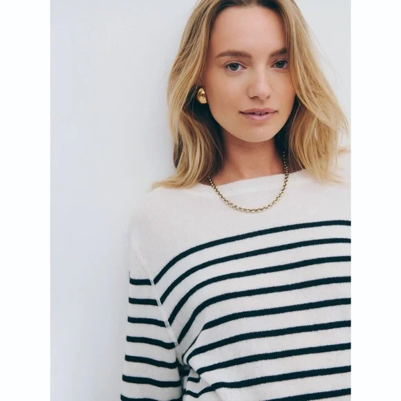Reformation Cashmere Gossamer Cream & Black Stripe Boyfriend Sweater - Picture 6 of 8